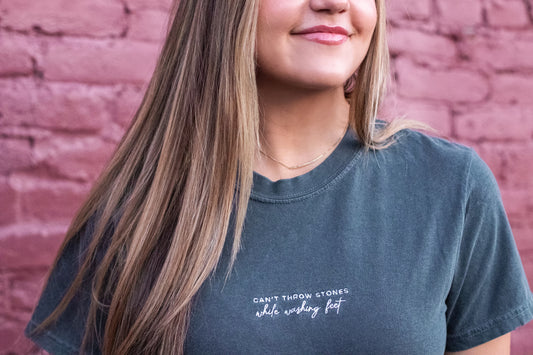 Christian Embroidered Comfort Colors T-Shirt, Can't Throw Stones While Washing Feet