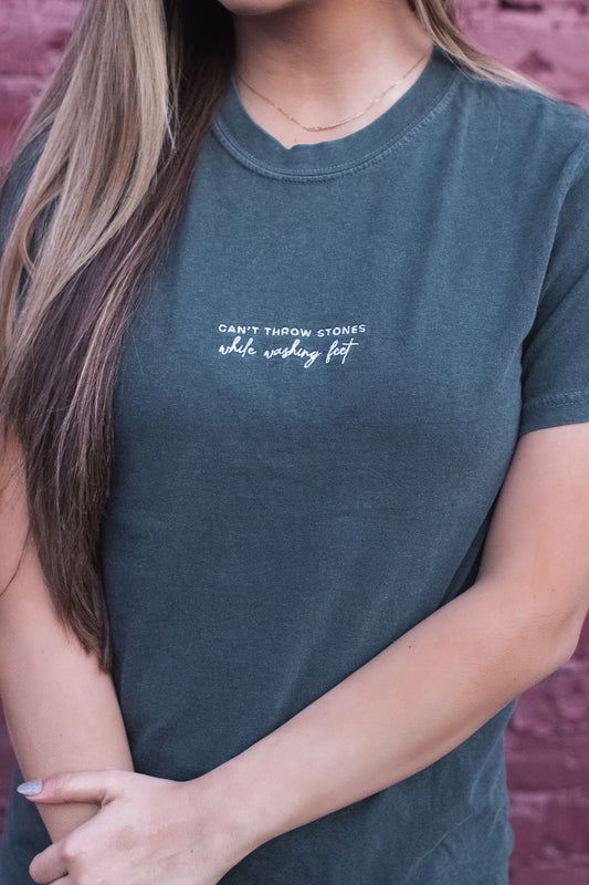 Christian Embroidered Comfort Colors T-Shirt, Can't Throw Stones While Washing Feet