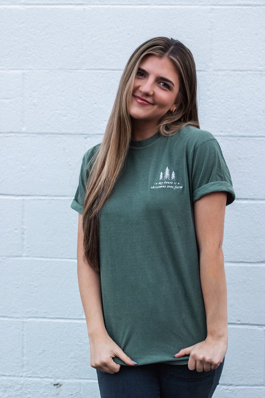 In my heart is a Christmas tree farm shirt, comfort colors embroidered tshirt, gift for a fan
