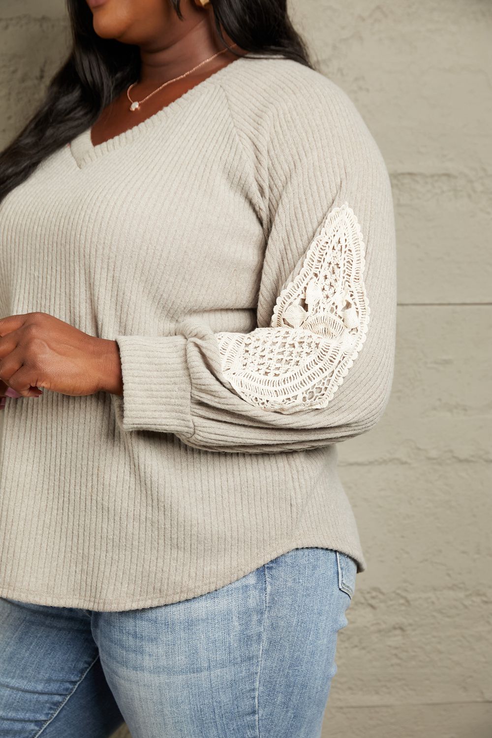 Sew In Love Full Size Lace Patch Detail Sweater