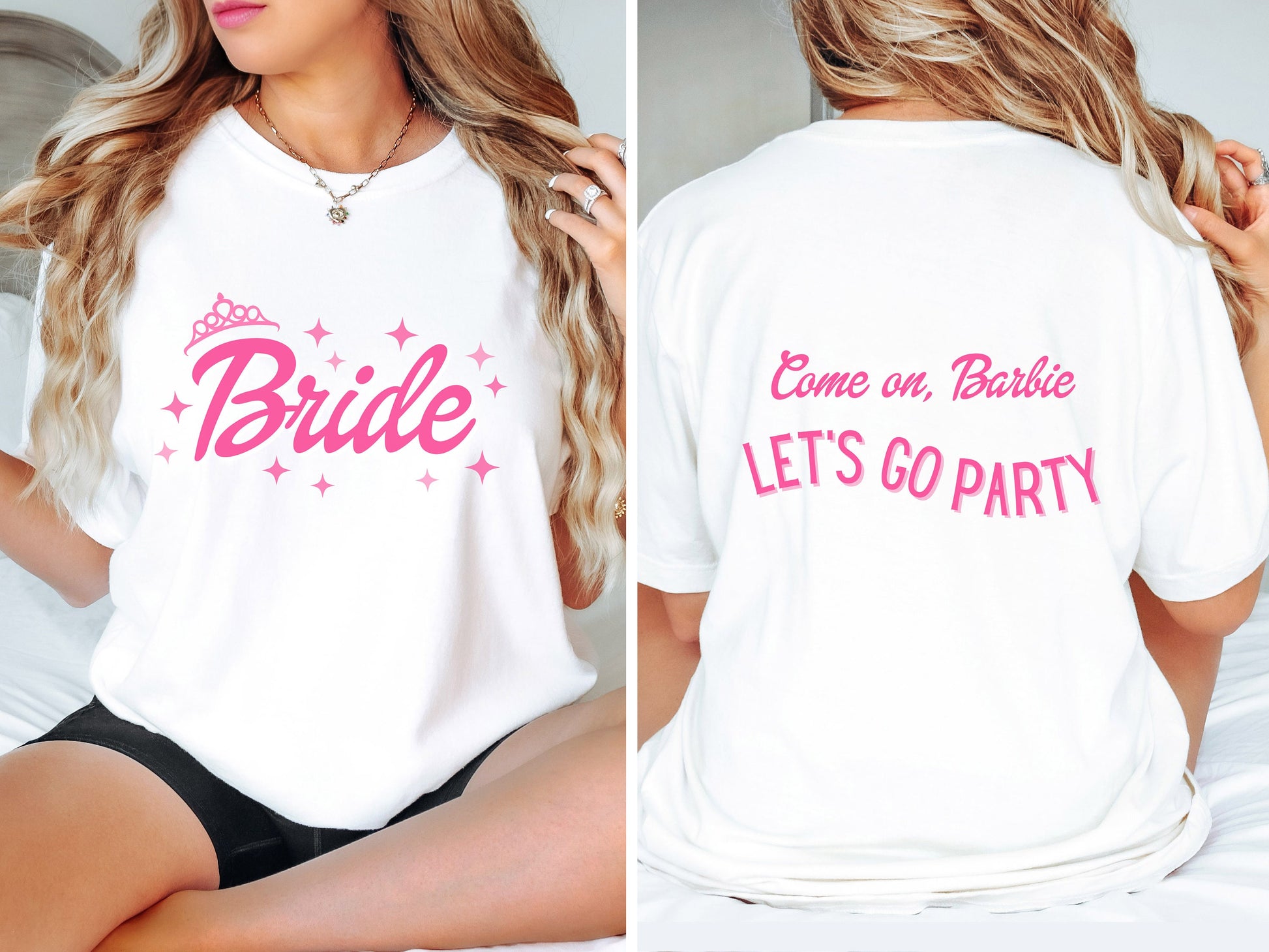 Barbie Bachelorette T-Shirt  Pink, White Barbie Bride Matching